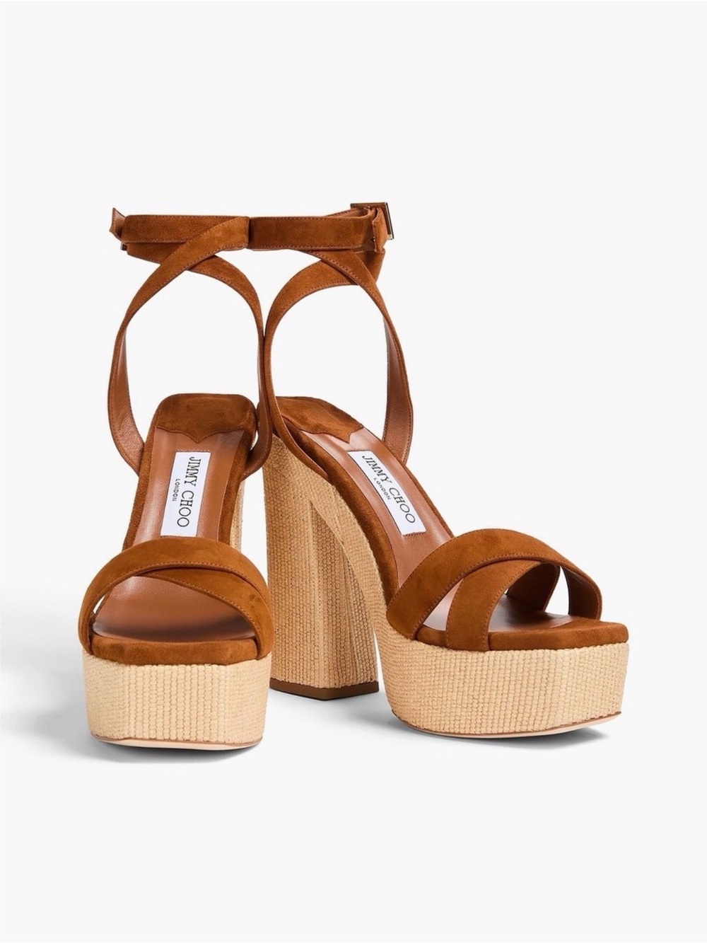 Jimmy Choo Tan Brown Suede Platform Ankle-Strap Sandals